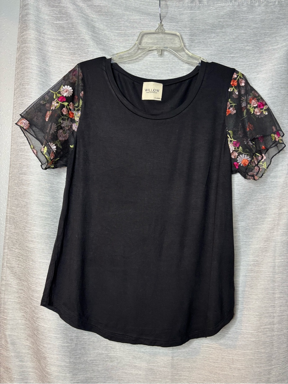 Willow Black Tee with Floral Mesh Puff Sleeves